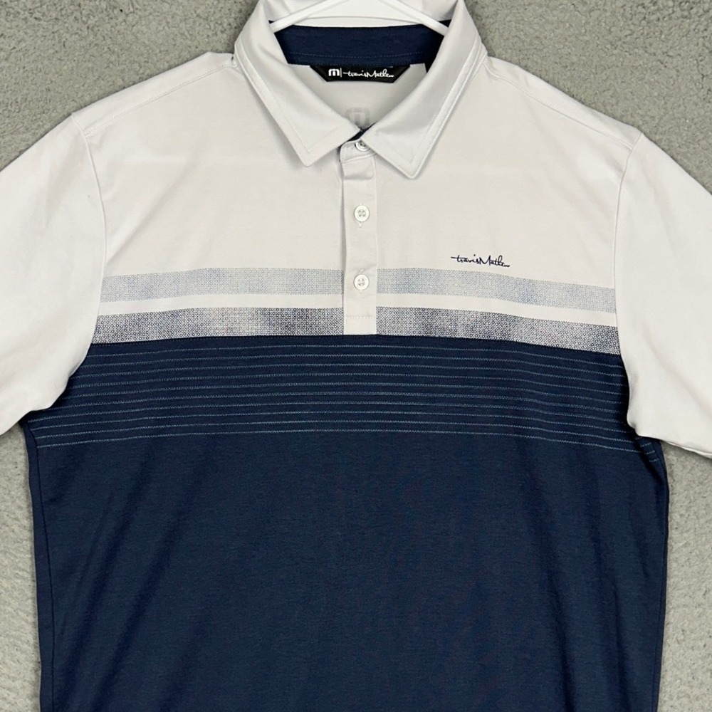 Travis Mathew Polo Shirt Men Medium White Navy Colorblock Golf Rugby Performance